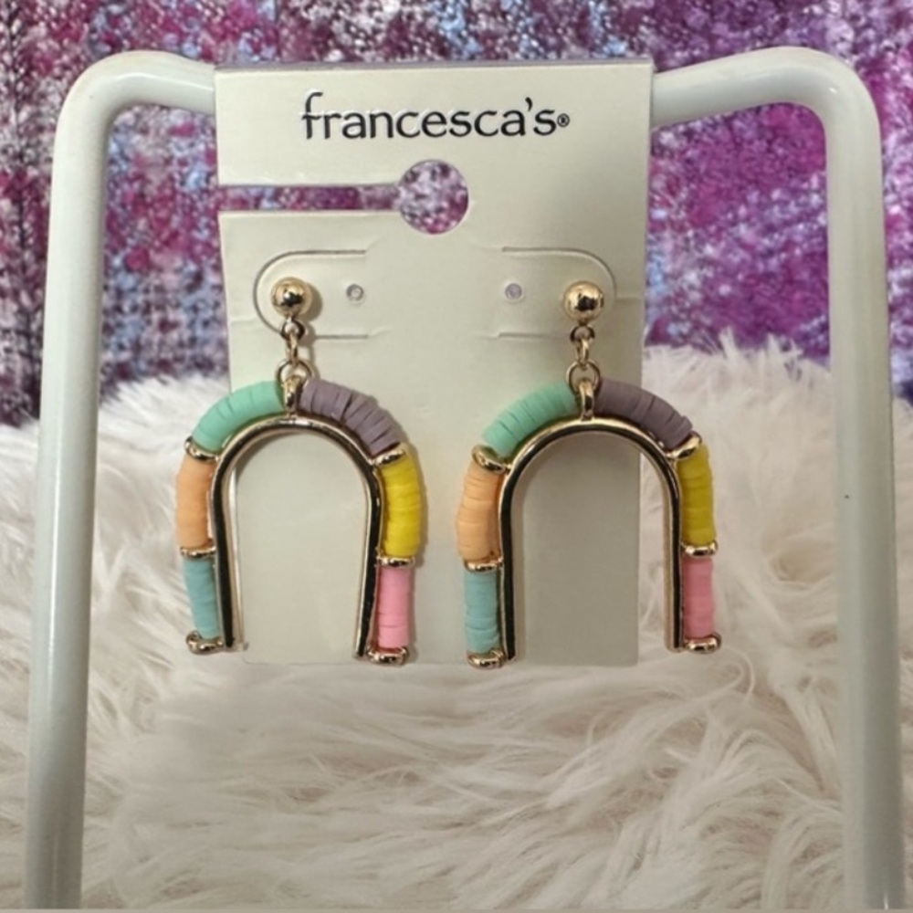 Francesca’s Paige Rubber Disc Arch U Shaped Rainbow Earrings